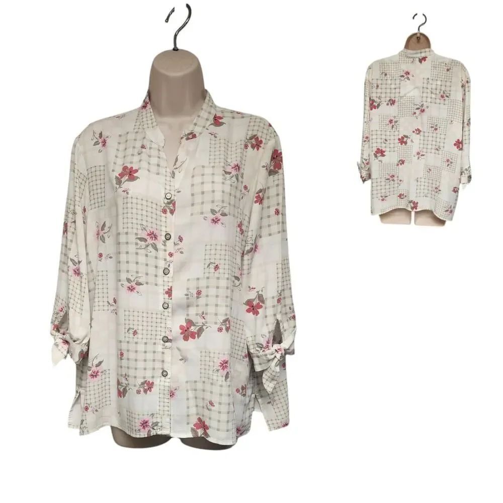 Allison Daley Garden Check Print 3/4 Tie Sleeve Y-Neck Button Front Top Size L